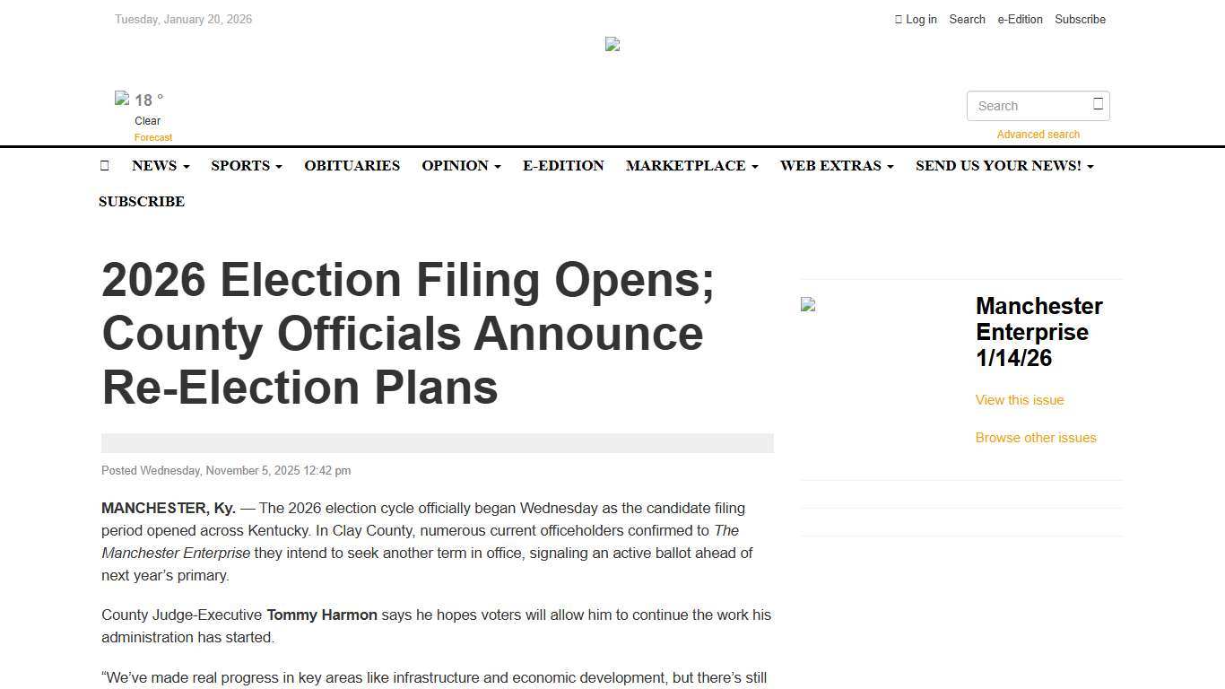 2026 Election Filing Opens; County Officials Announce Re-Election Plans - The Manchester Enterprise